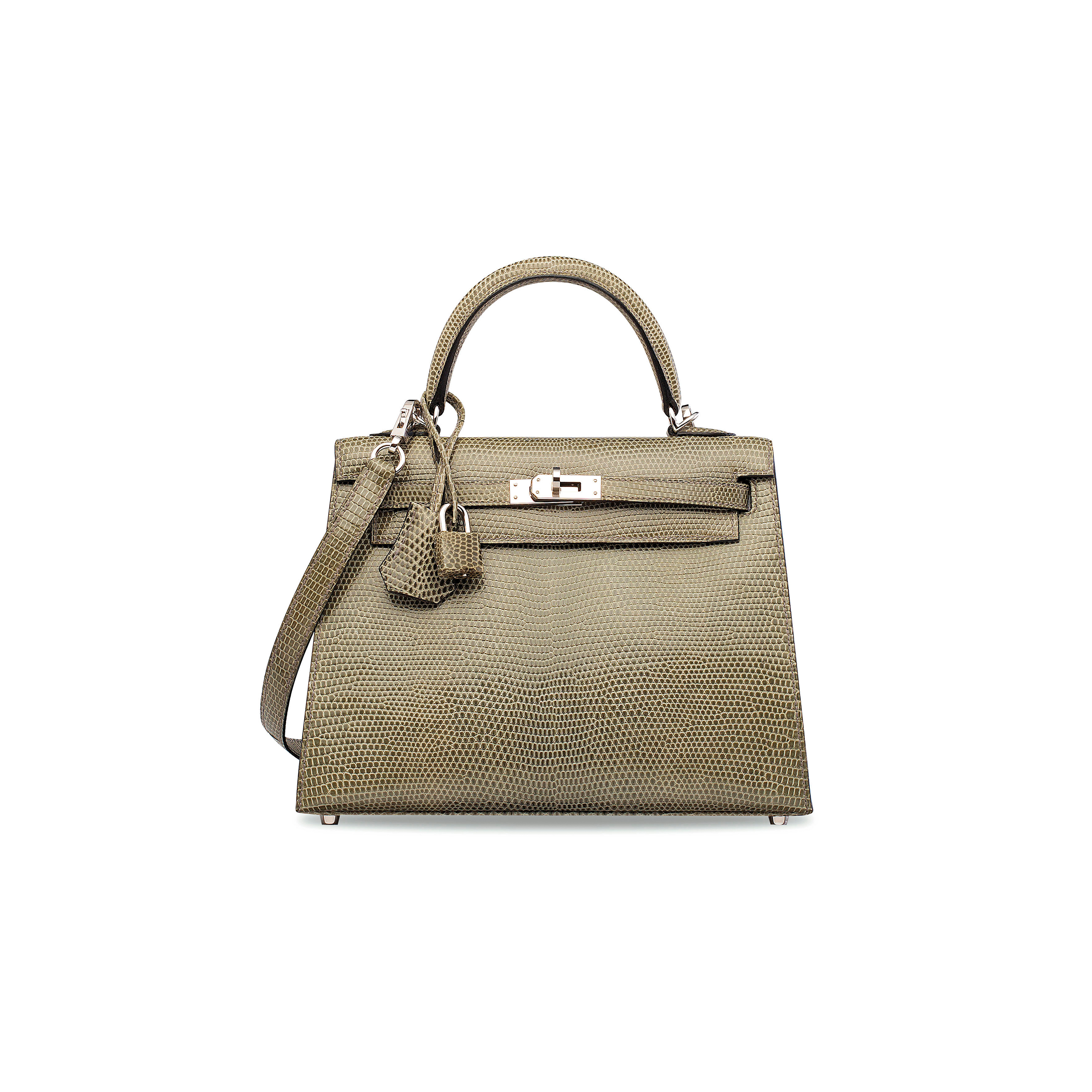 HERMÈS MASTER A SHINY LIZARD KELLY 25 GREY HEMP ROPE WITH SILVER BUCKLE (25*17*7cm)